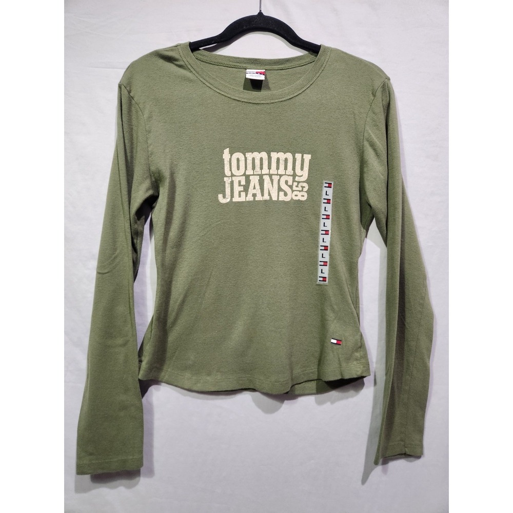 Y2K Tommy Hilfiger Jeans Stretch Top Army Green W Beige Sparkly Logo‎ Large